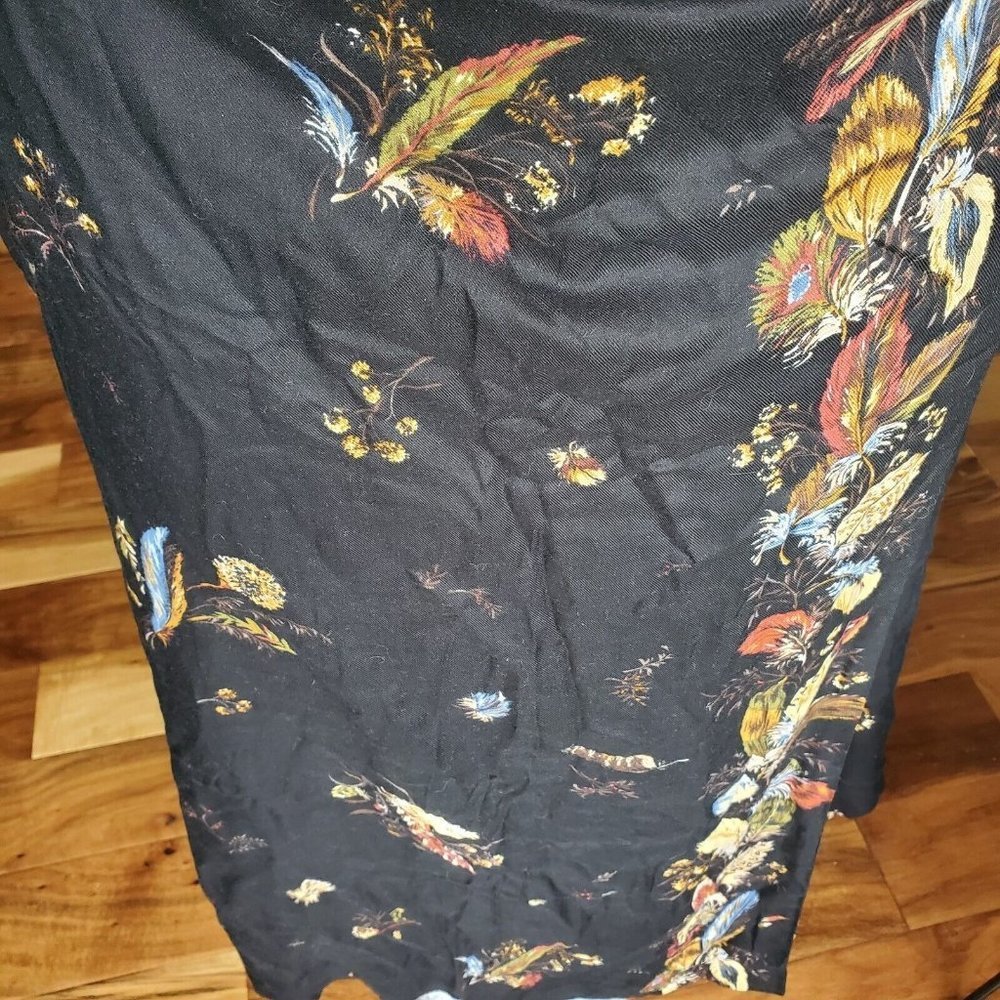 90s Medium Black Feather Print Boho Faux Wrap Midi Maxi Skirt Rayon USA - Picture 7 of 11